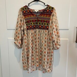 Umgee USA Embroidered Tunic Top Women L Cream Orange Tribal Boho Print